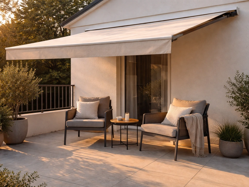 Modern patio with a retractable awning extended over outdoor seating, showing shade and comfort.
