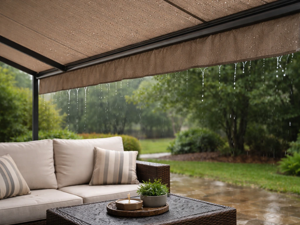 Fabric patio awning extended above outdoor furniture in light rain, with droplets beading and furniture staying dry.