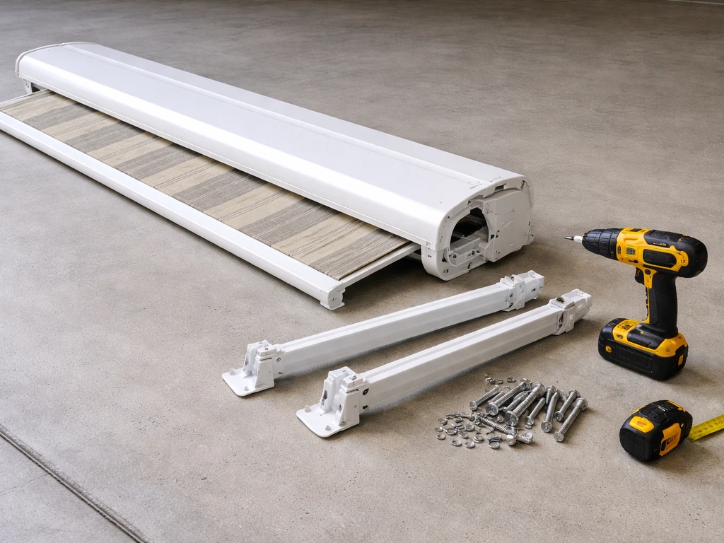 Close-up of an awning installation setup with fabric housing, brackets, and mounting hardware on a clean floor.