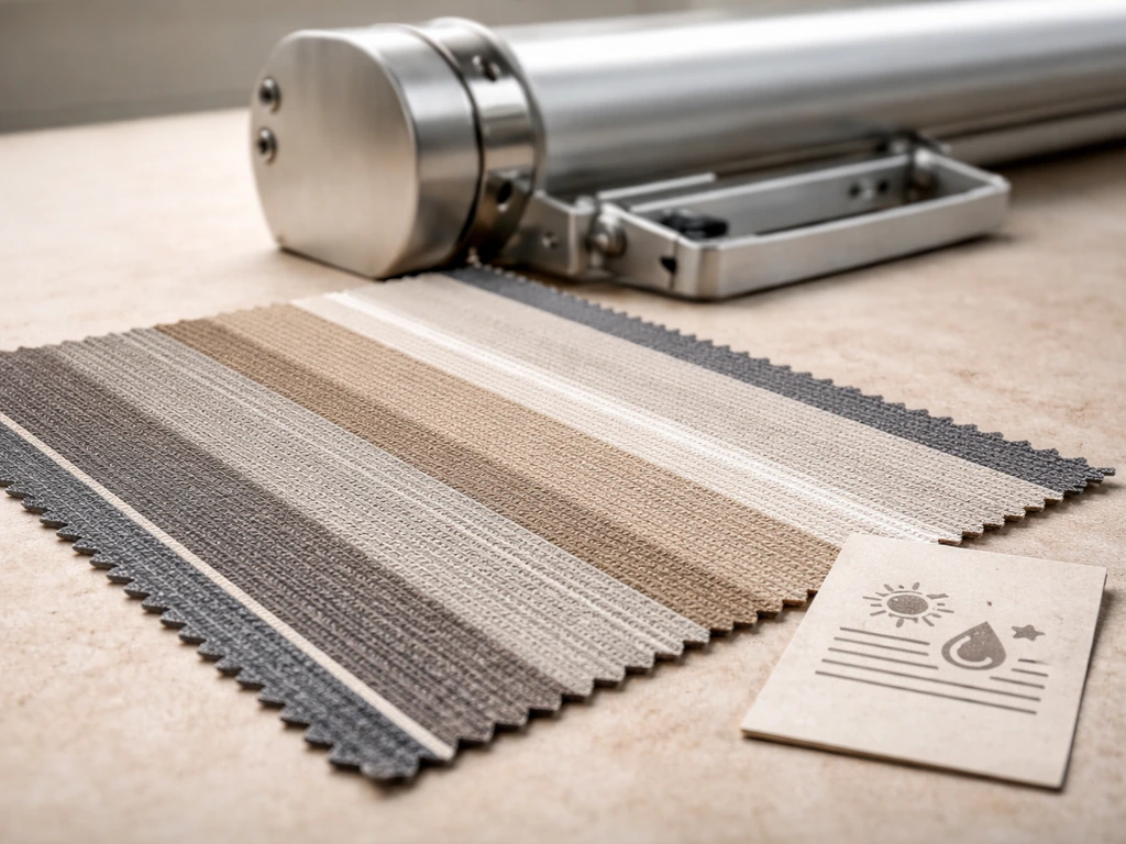 Close-up of solution-dyed acrylic awning fabric swatch with UV/mildew-ready label cues and roller hardware details.