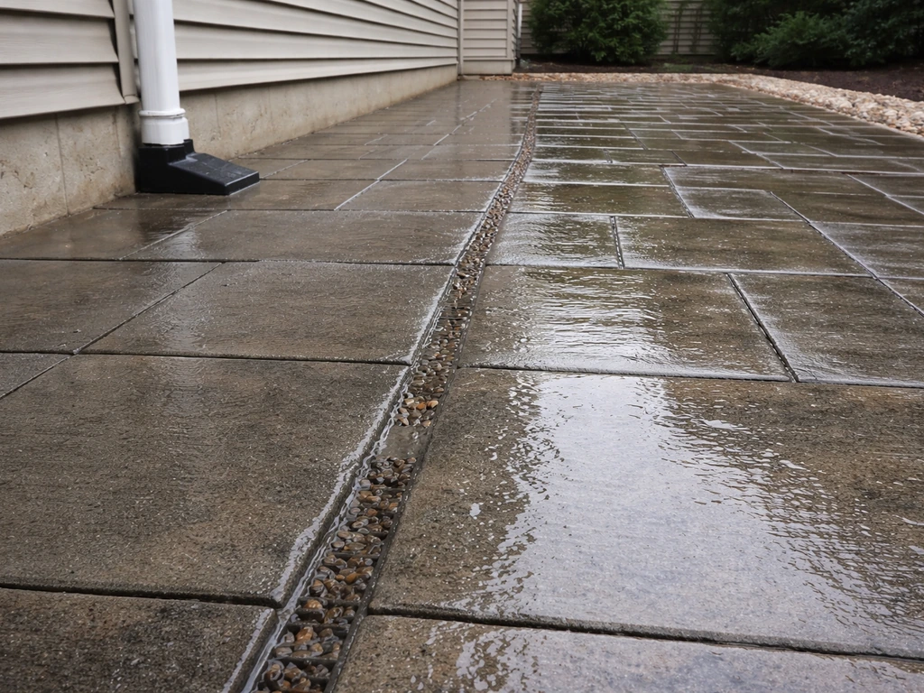 Patio concrete showing a clear slope away from the house and runoff flowing along the edge