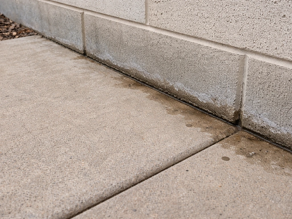 Close-up of patio edge sloping toward a foundation wall with moisture staining and faint white efflorescence
