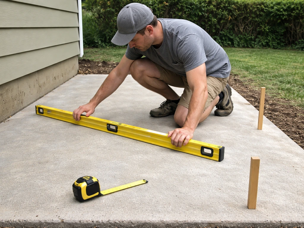 Homeowner kneeling on a patio, holding a long carpenter’s level between two stakes to check slope.