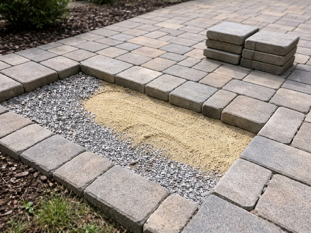 Pavers lifted on a patio with bedding sand and gravel base visible as new pavers are being set back.