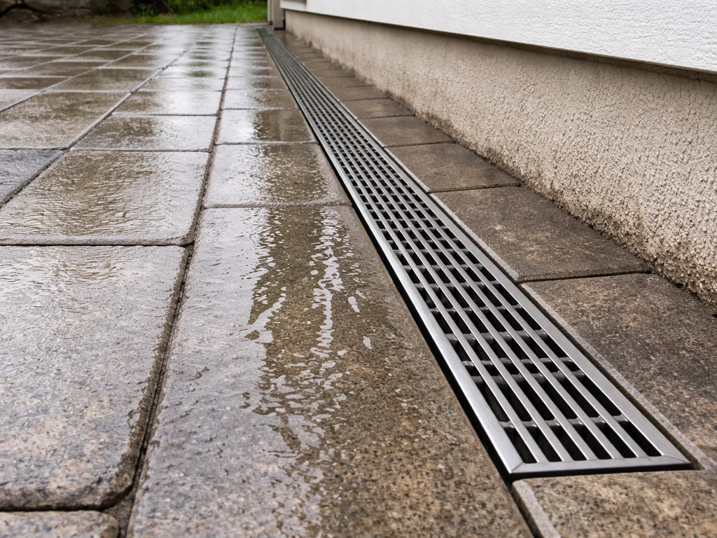 Linear slot drain along a patio edge capturing runoff before it reaches the foundation.