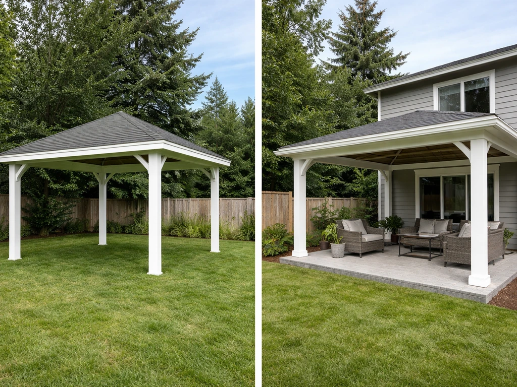 Side-by-side view of a freestanding gazebo and a patio cover over a deck surface