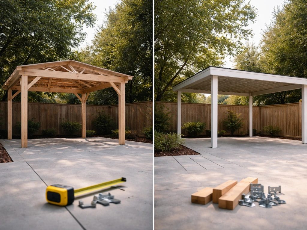 Two simple outdoor structures—gazebo frame and patio cover—shown side by side with tools and materials.