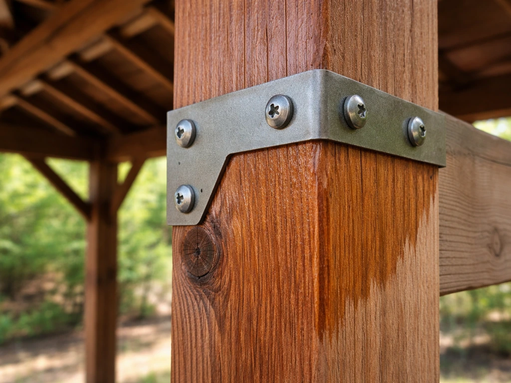Close-up of gazebo wood grain and metal hardware join, with visible readiness for staining or sealing.