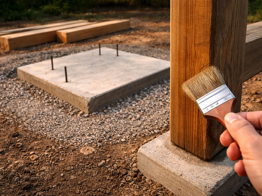 Concrete gazebo footings in prepared ground with a close maintenance check of stained wood posts in soft outdoor light.