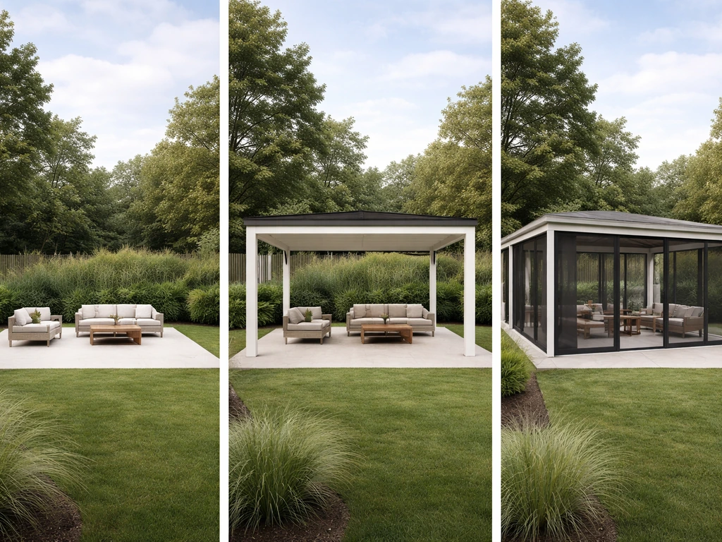 Three simple patio setups: open ground-level, roofed covered patio, and enclosed screened patio room.
