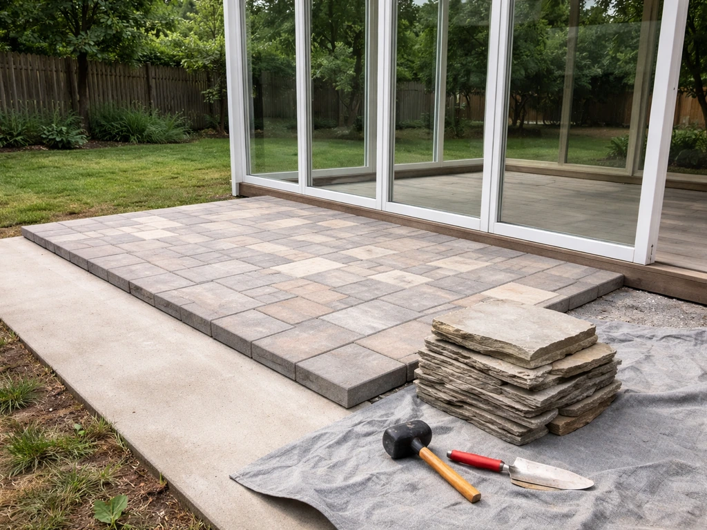 Contractor’s tools beside an open patio with pavers and a simple sunroom frame with clear glazing.