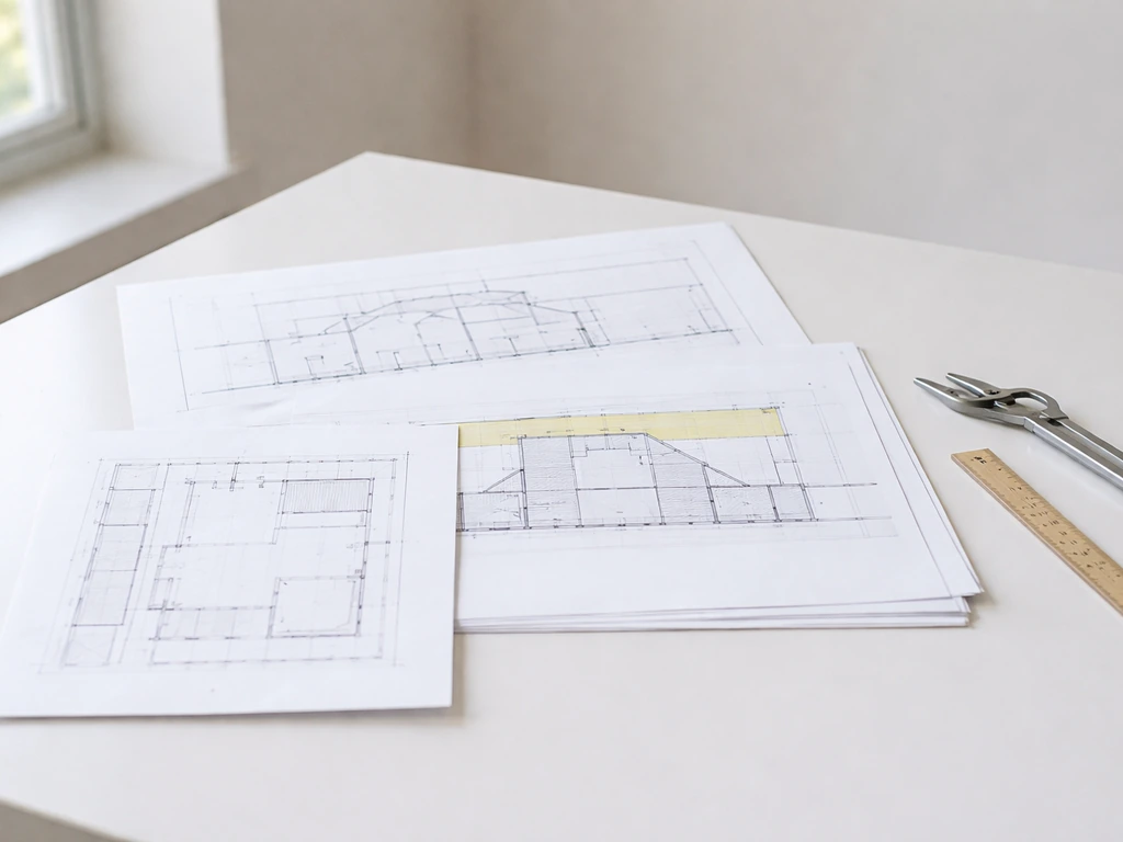Permit drawing sheets on a table—site plan, elevation with height cap area, and floor plan—drafting tools nearby.