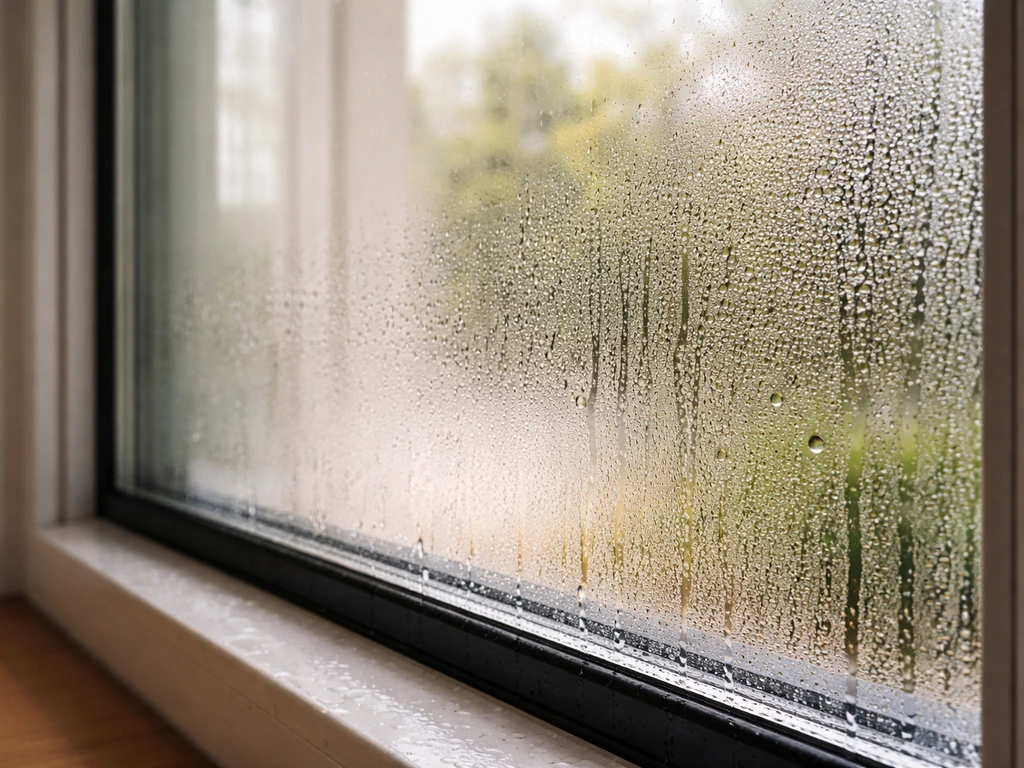 Close-up of fogged insulated glass with droplets and a wet edge where humid air meets cold pane.