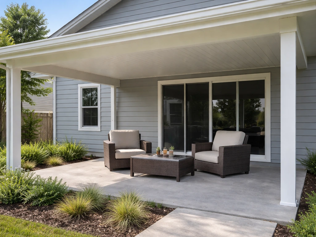Finished attached covered patio with outdoor seating under a roof attached to a home, protected from weather