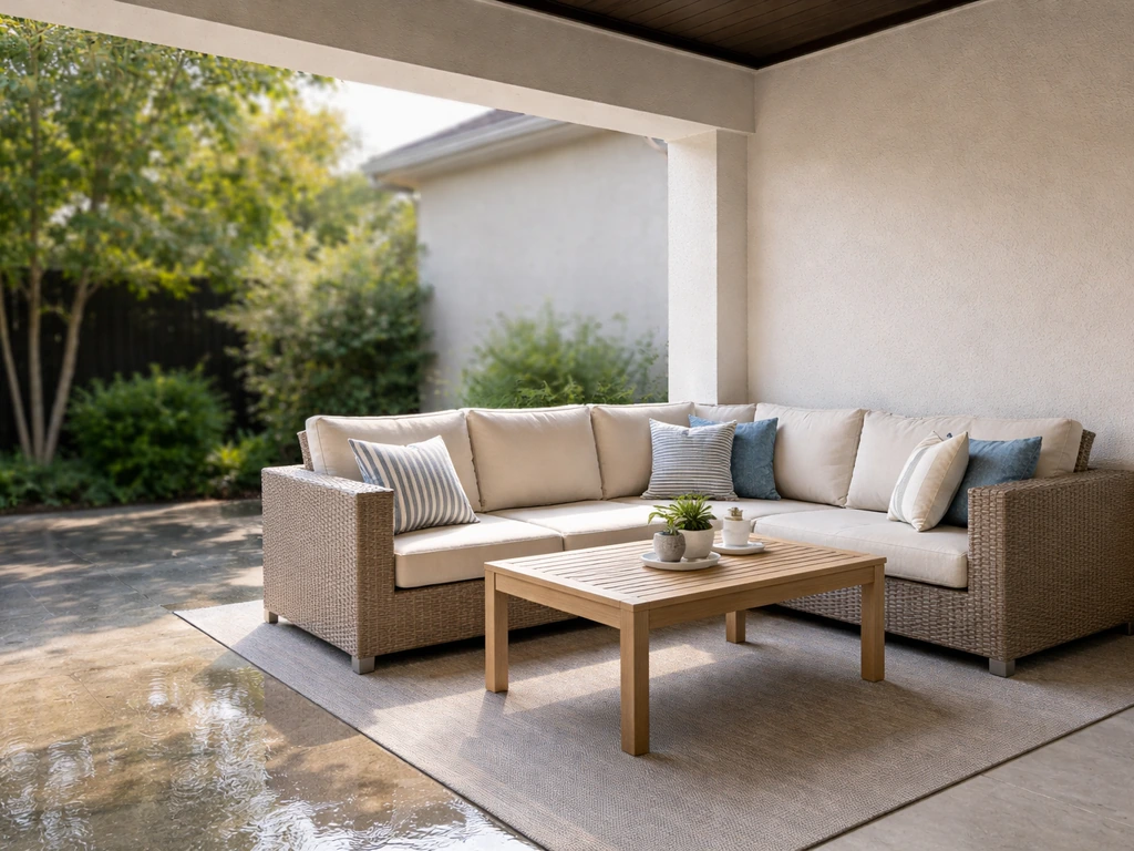Outdoor patio under a covered roof with shaded seating and floor protected from light rain and UV.
