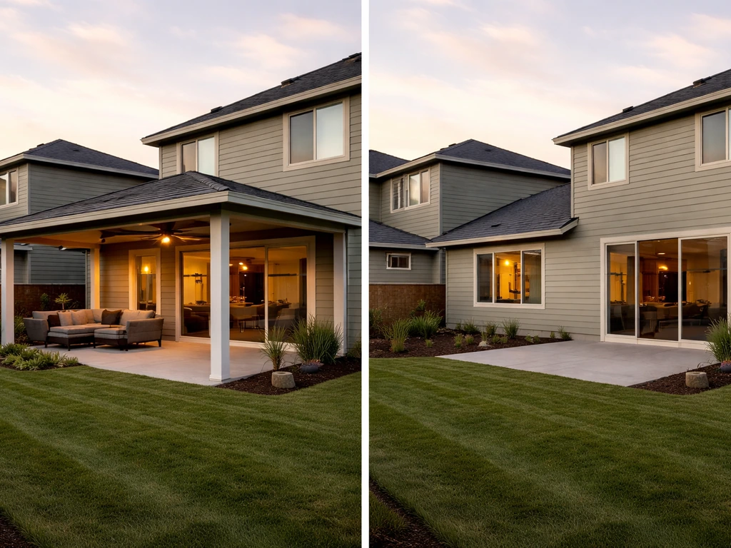 Split view of two similar homes—one with an attached covered patio and one without—showing curb appeal differences.