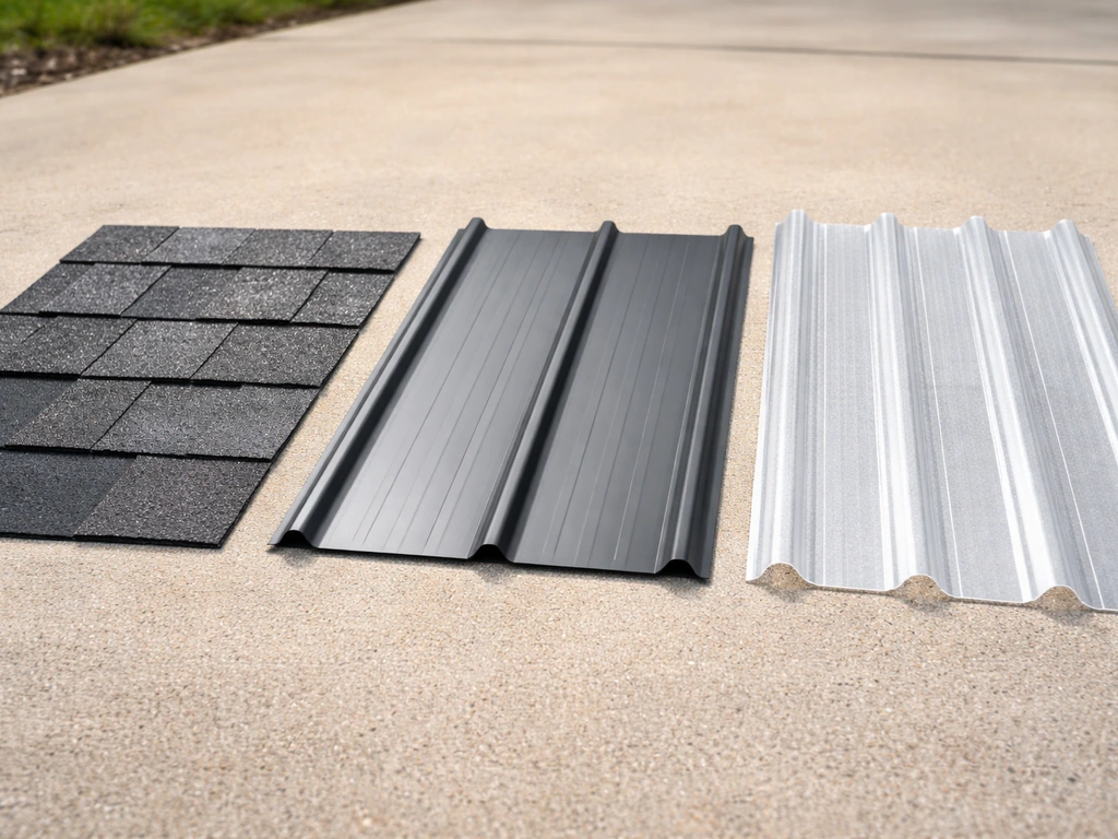Close-up of asphalt shingle, metal panel, and translucent roofing panel samples side by side.