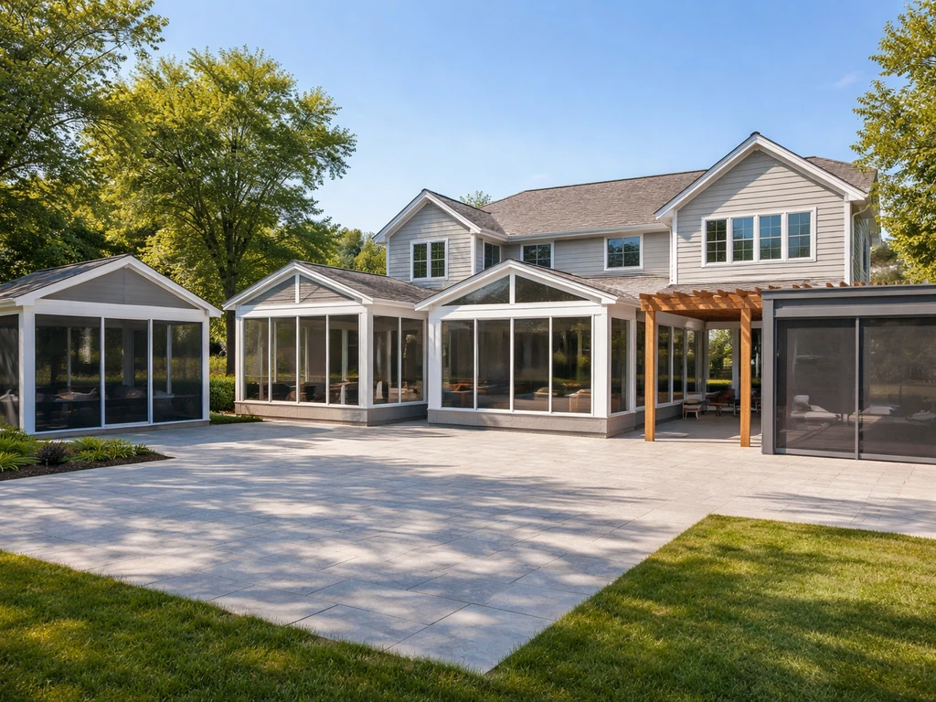 Four patio enclosure styles shown together: screened porch, three-season sunroom, four-season sunroom, retractable scree