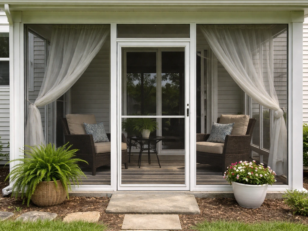 Screened porch enclosure with visible mesh framing, outdoor seating, and open airflow.