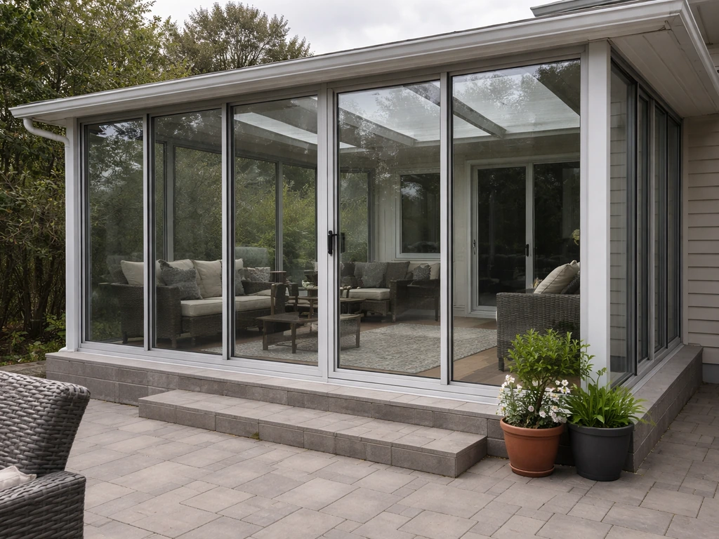 Three-season sunroom with aluminum-framed glazed panels stepping up from an open patio.