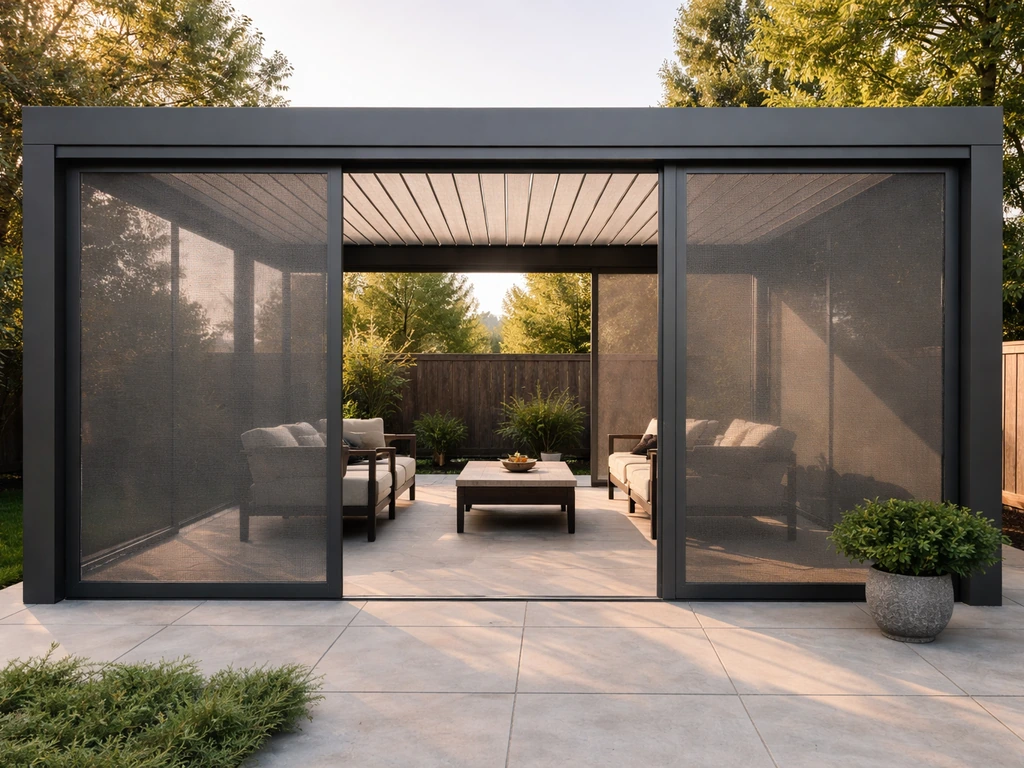 Backyard pergola enclosure with retractable side screen panels over an outdoor patio.