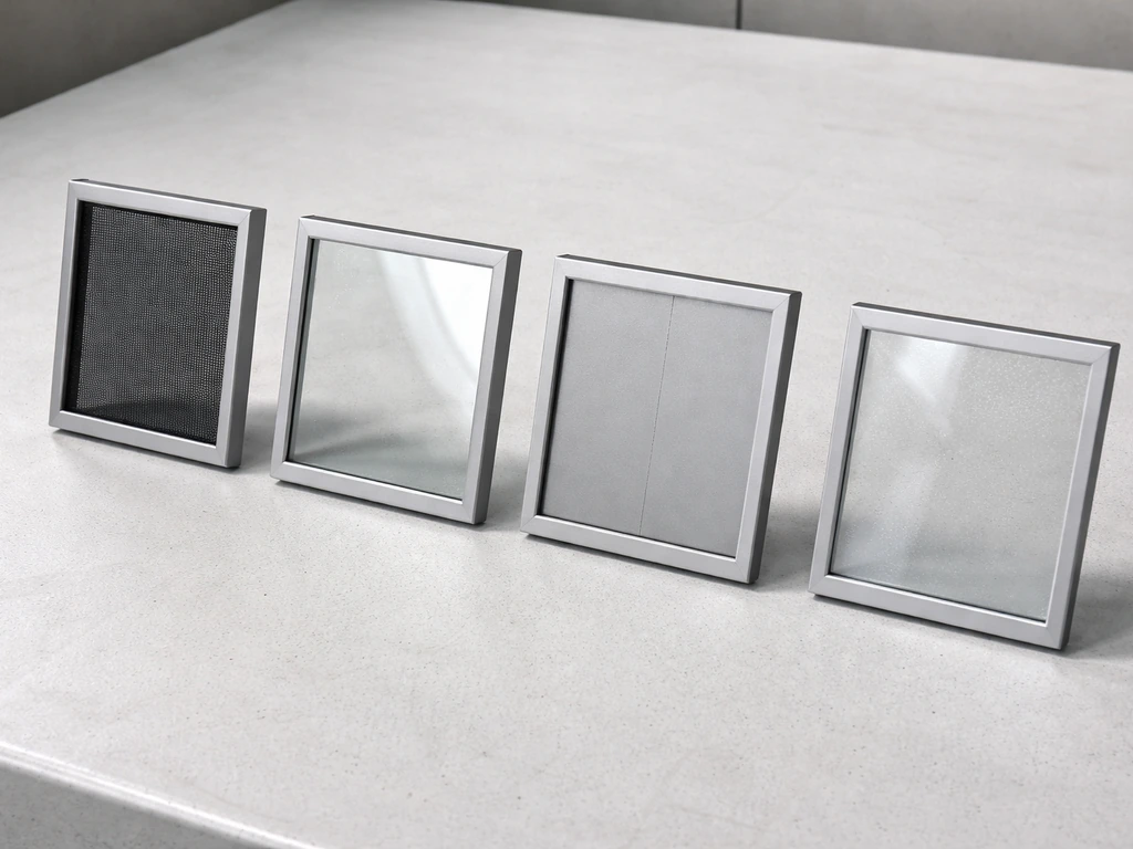 Four sample panels side by side: mesh screen, clear glass, tinted vinyl/aluminum, and clear polycarbonate.