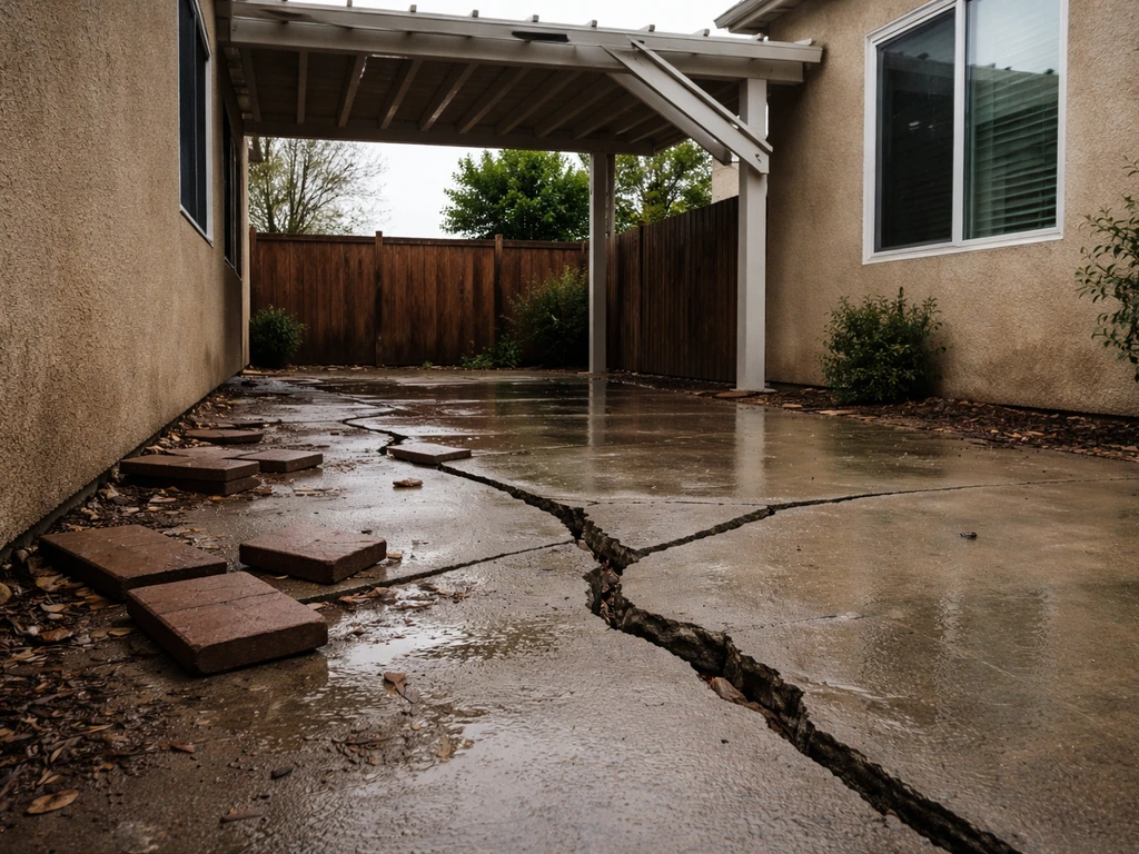 Storm-damaged side-yard patio with cracked concrete, displaced pavers, and a visibly bent pergola element.