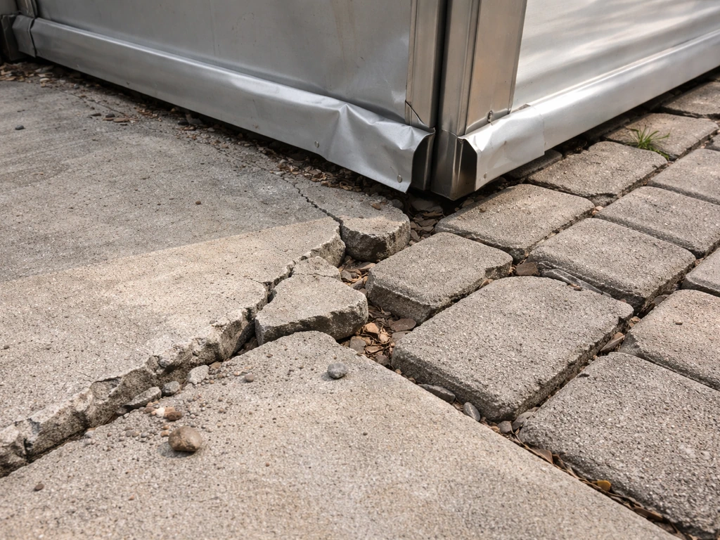 Close-up of cracked concrete, broken pavers, and a dented patio cover in a damaged patio area.