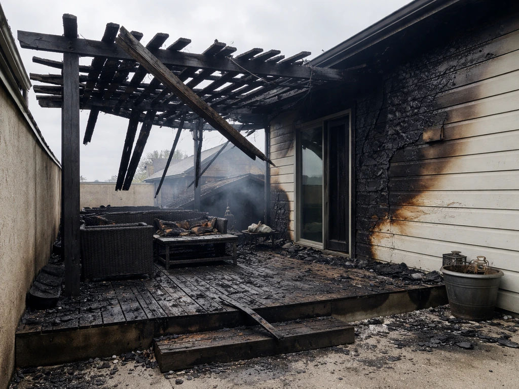 Charred patio corner with burned pergola slats and a scorched exterior wall after a fire.