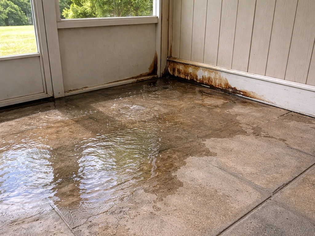 Soaked patio floor with water stains and damage to an attached patio enclosure after a burst pipe.