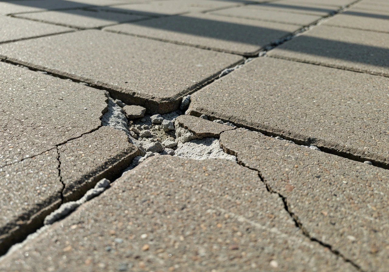 Close-up of hairline concrete cracks beside slightly shifted pavers with worn failing grout mortar.