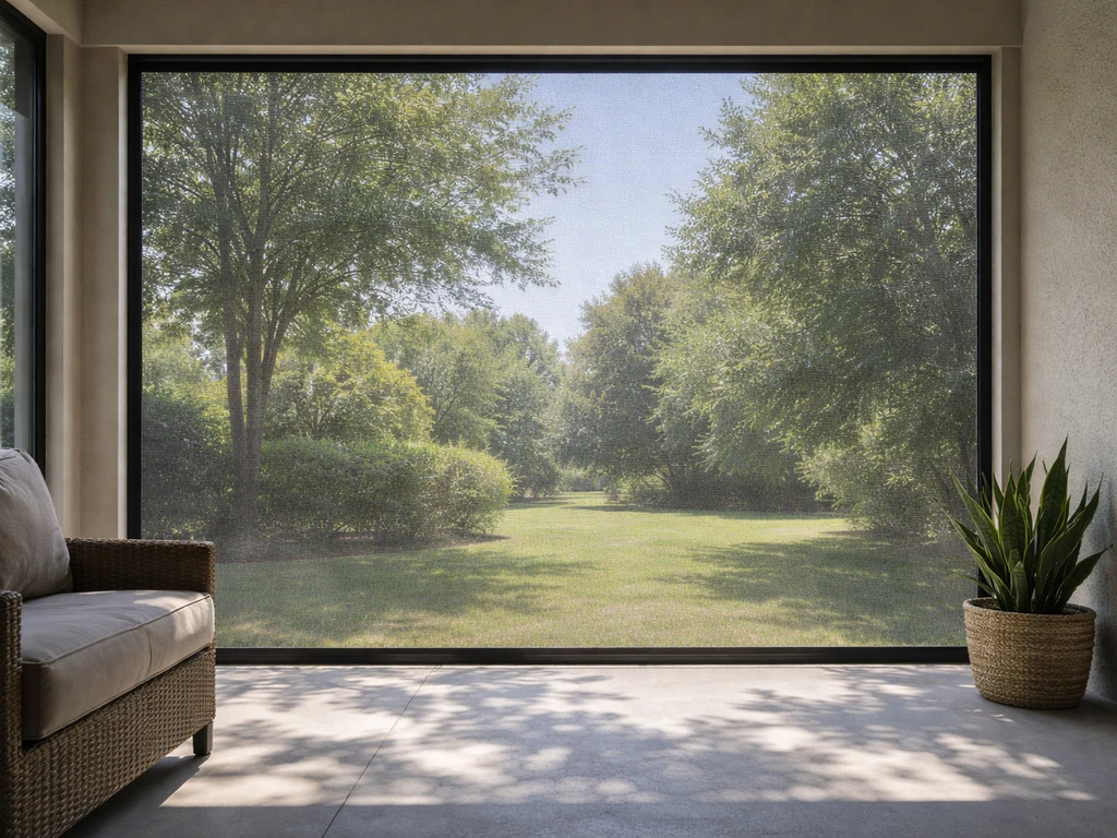Daylight screened patio with tight UV-rated solar mesh covering an opening, showing view through the fabric.