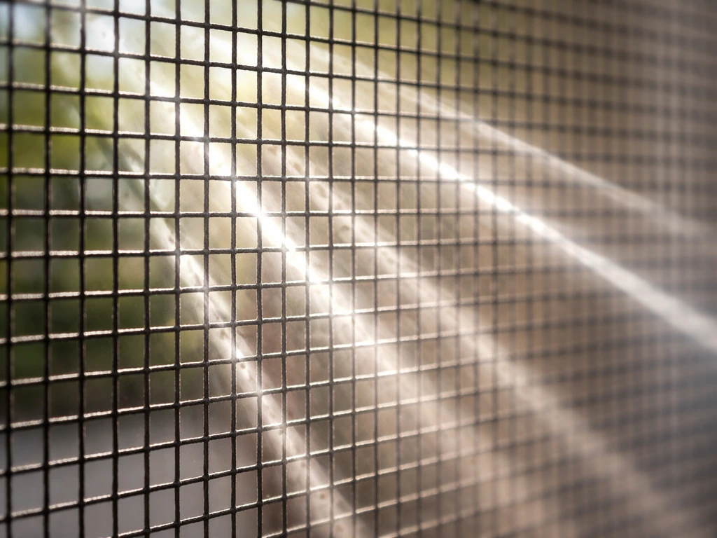 Macro cross-section of patio screen mesh with faint UV light passing through gaps between threads.
