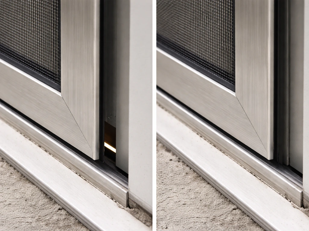 Close-up of a patio screen frame edge with a light-leaking gap beside a properly sealed edge.