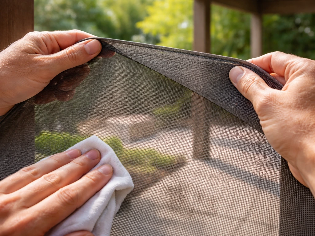 Homeowner inspecting a patio screen for tears, lifting a corner and wiping a small dirty area