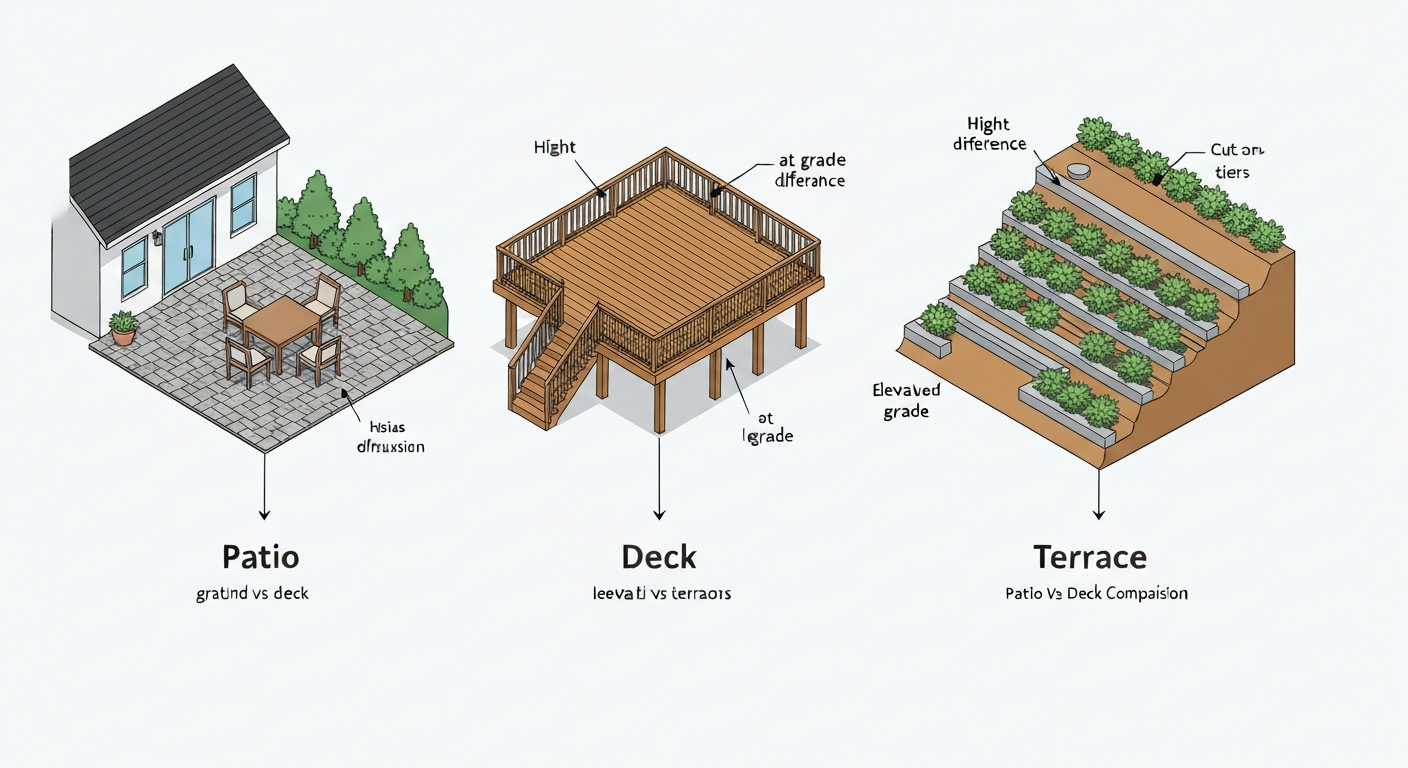 Isometric illustration comparing a ground-level patio, an elevated deck, and a terraced slope, each labeled.