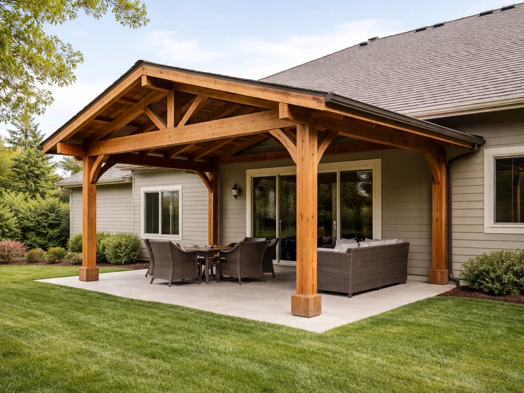 Wooden patio cover with solid roof attached to a home, showing typical structure and setting