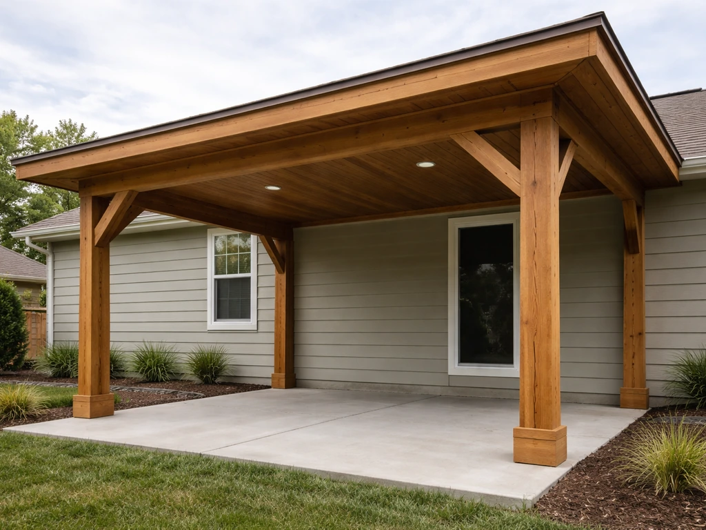 Wood patio cover with a solid shaded roof attached to a home, seen from the yard in natural light.