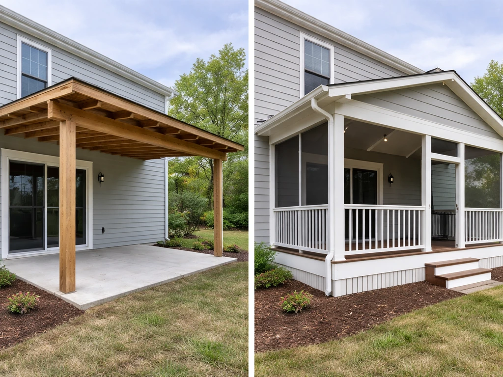 Attached patio cover over ground-level concrete versus raised, enclosed porch roof attached to a house.