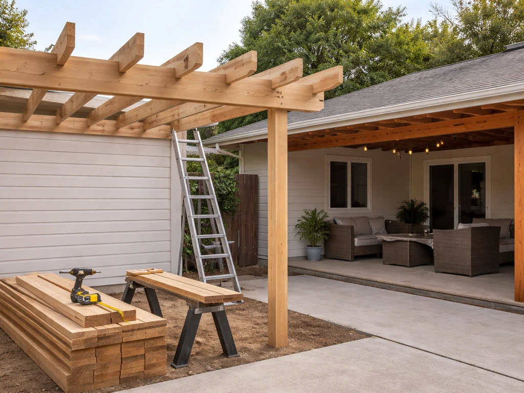 Partially framed wood patio cover beside a finished attached cover, with visible tools and materials