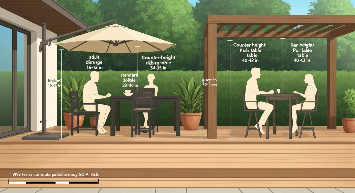 Illustration comparing four patio table heights—coffee (16–18 in), dining (28–30 in), counter (34–36 in), bar (40–42 in)—with measurement lines and people shown seated or standing to indicate scale.