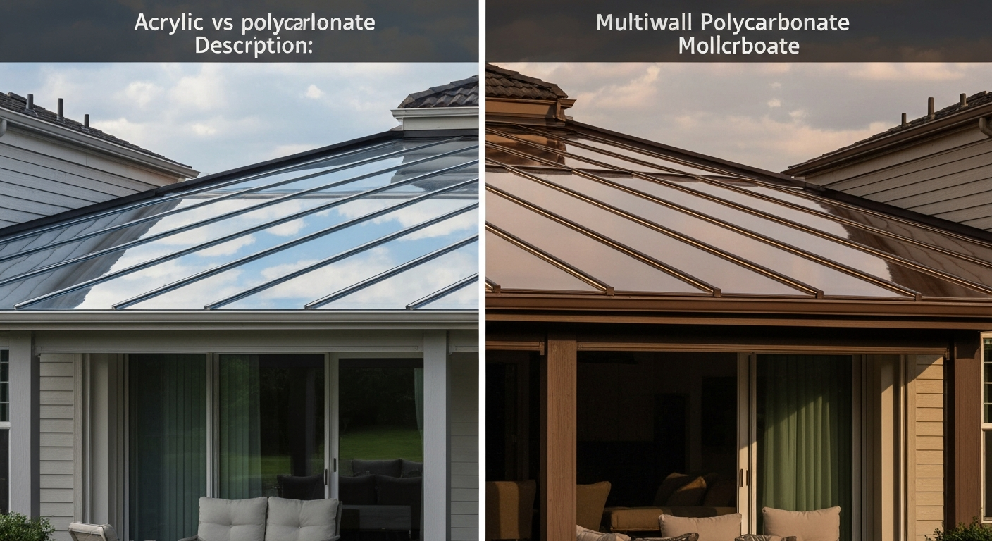 Split photorealistic image comparing a clear acrylic patio roof (left) with a multiwall polycarbonate patio roof (right).