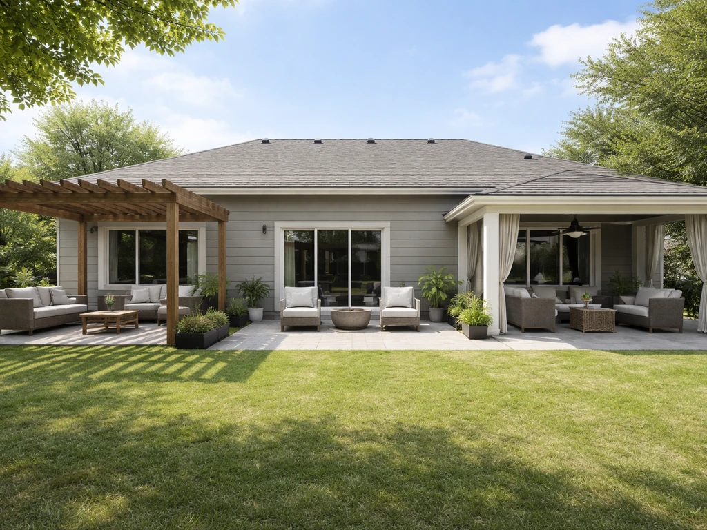 Three connected outdoor areas showing pergola shade, an uncovered patio, and a covered alfresco room