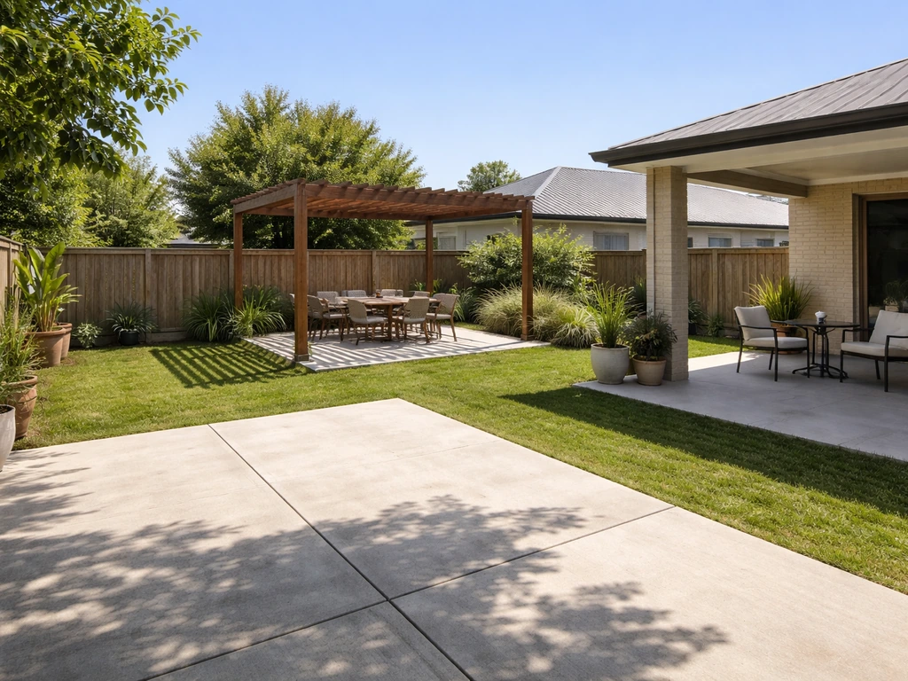 Backyard showing uncovered concrete patio, open pergola shade, and covered alfresco with roof.