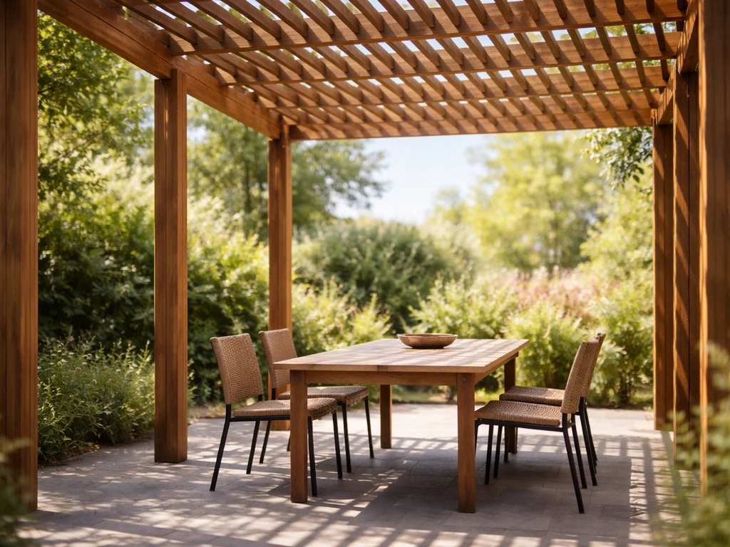 Outdoor dining under a pergola with open beams casting dappled sunlight through to the table.