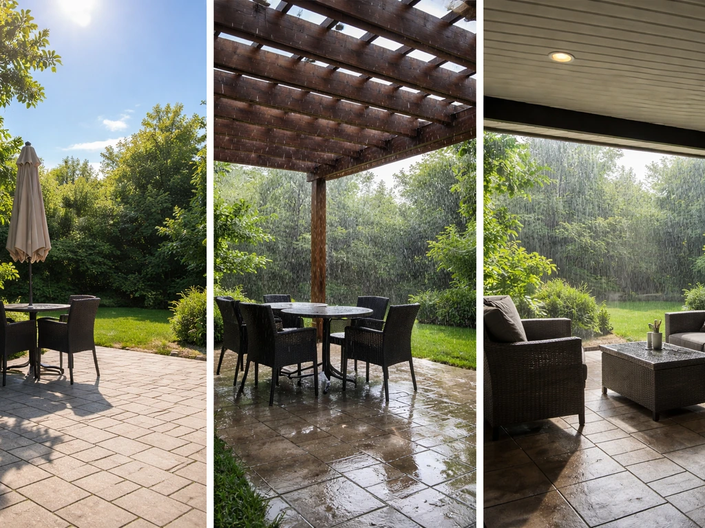 Three-part scene showing sun on an uncovered patio, light rain under a pergola, and full rain protection under a covered