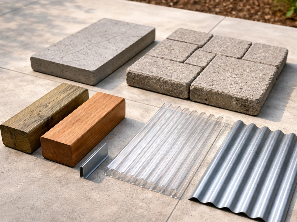 Minimal close-up tabletop showing patio concrete, pavers, wood beams, and polycarbonate roofing materials