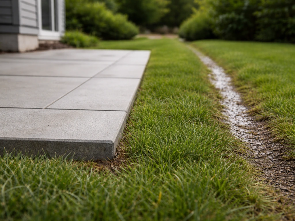 Side view of a patio slightly higher than lawn with safe edging and drainage flowing away from the house.