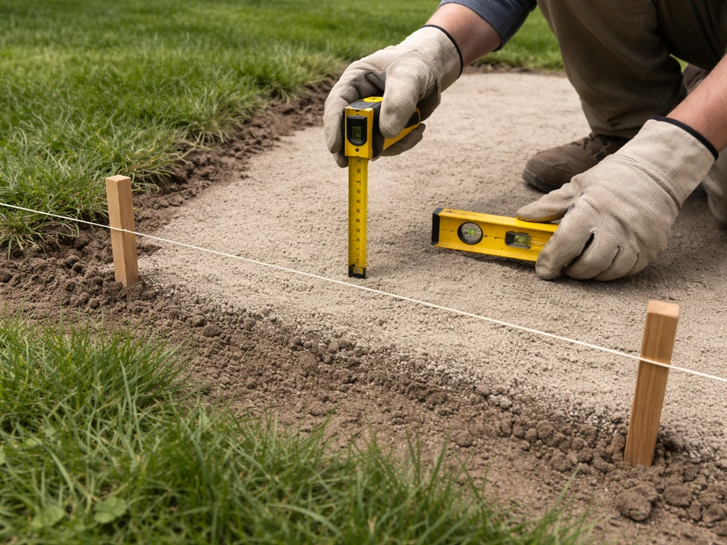 Hands measuring patio height with tape and level near stakes and string marking a 1–2 inch lawn transition.