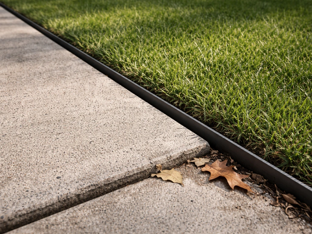 Close-up of patio edge restraint meeting lawn, showing a mowable clearance-friendly gap and clean separation.